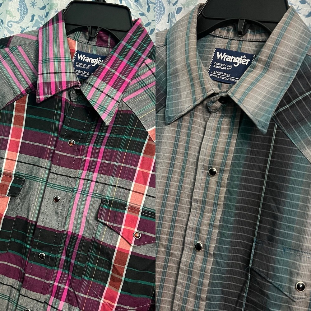 Lot Of 2 Vintage 90s Wrangler Cowboy Cut Western Snap Shirt 16.5 34 X-long Tails
